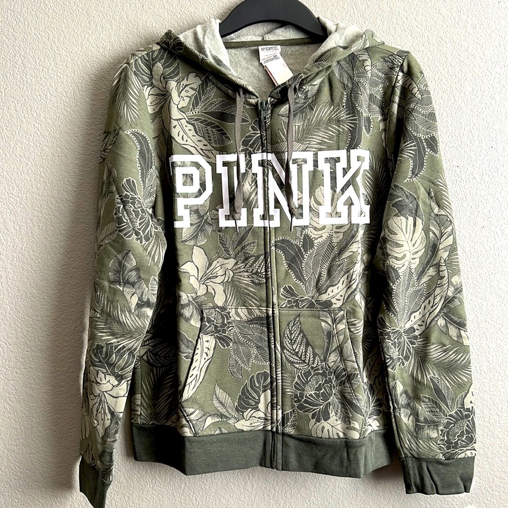Victoria’s Secret pink army green leaves fullzip jacket hoodie